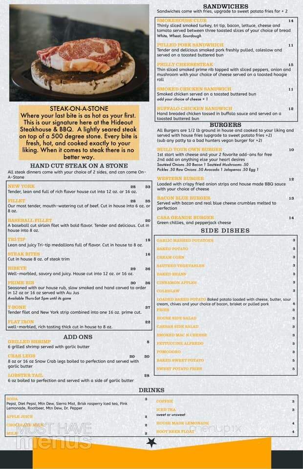 Hideout Steakhouse & BBQ - Casa Grande, AZ menu_pic