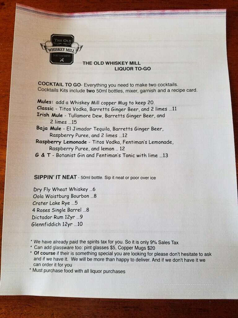 The Old Whiskey Mill - Port Townsend, WA menu_pic