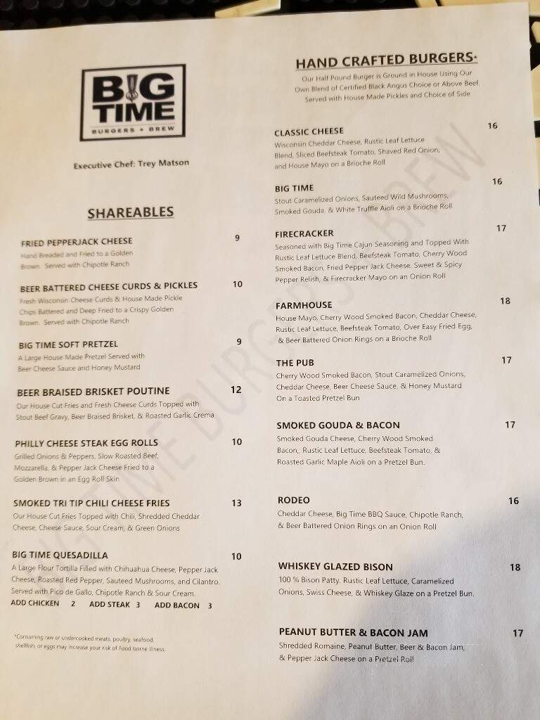 Big Time Burgers & Brew - Portage, IN menu_pic