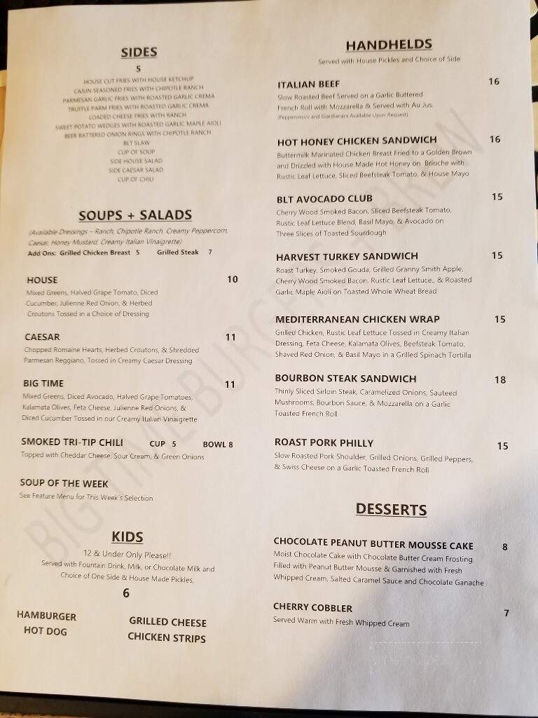 Big Time Burgers & Brew - Portage, IN menu_pic