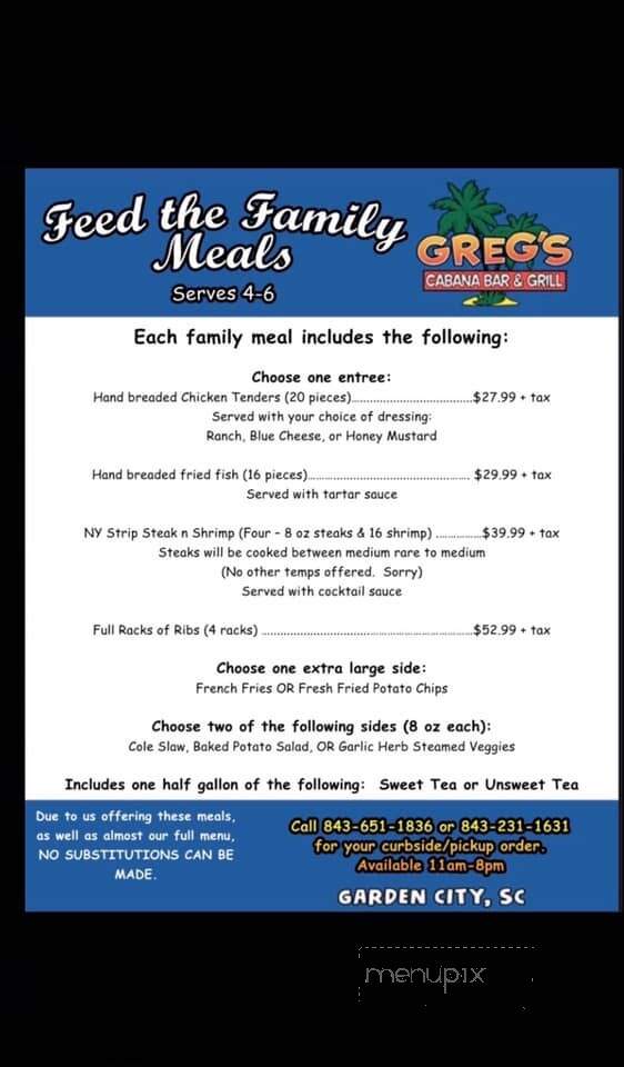 Greg's Cabana Bar & Grill - Murrells Inlet, SC menu_pic
