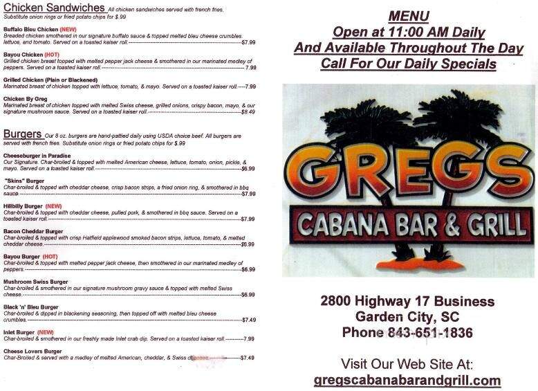 Greg's Cabana Bar & Grill - Murrells Inlet, SC menu_pic