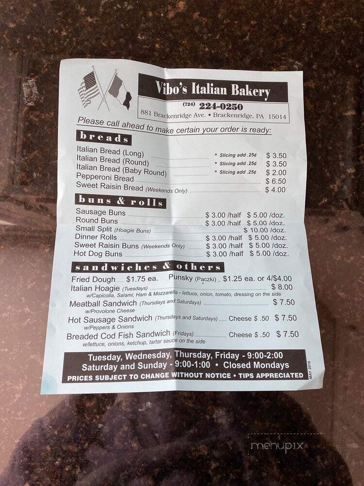 Vibo's Bakery - Brackenridge, PA menu_pic