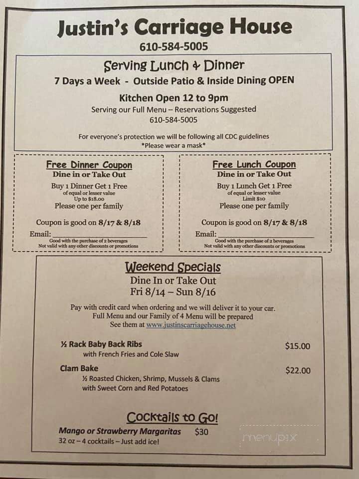 Justin's Carriage House - Skippack, PA menu_pic
