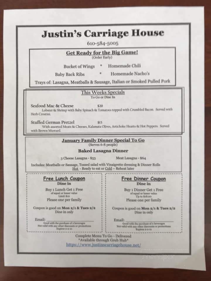 Justin's Carriage House - Skippack, PA menu_pic