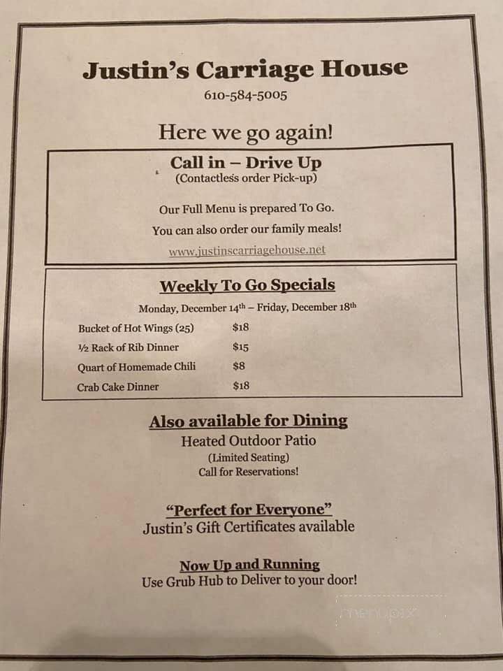 Justin's Carriage House - Skippack, PA menu_pic