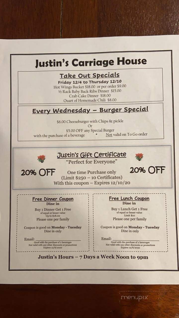 Justin's Carriage House - Skippack, PA menu_pic