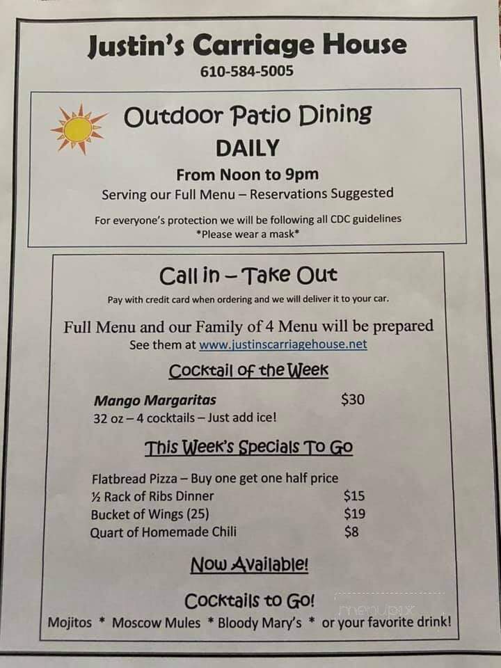 Justin's Carriage House - Skippack, PA menu_pic