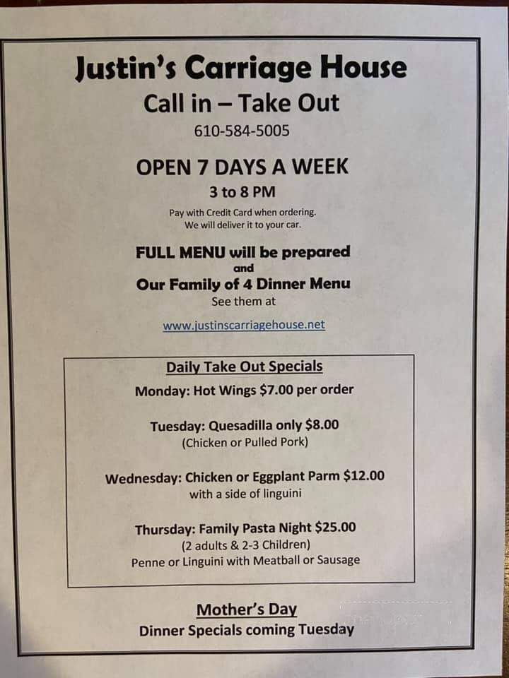 Justin's Carriage House - Skippack, PA menu_pic