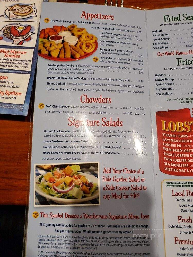 Weathervane Seafood Restaurant - West Lebanon, NH menu_pic