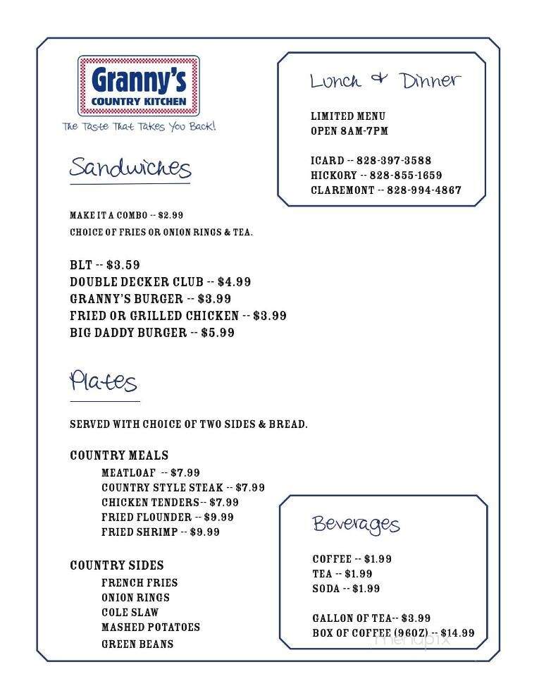 Granny's Country Kitchen - Hickory, NC menu_pic