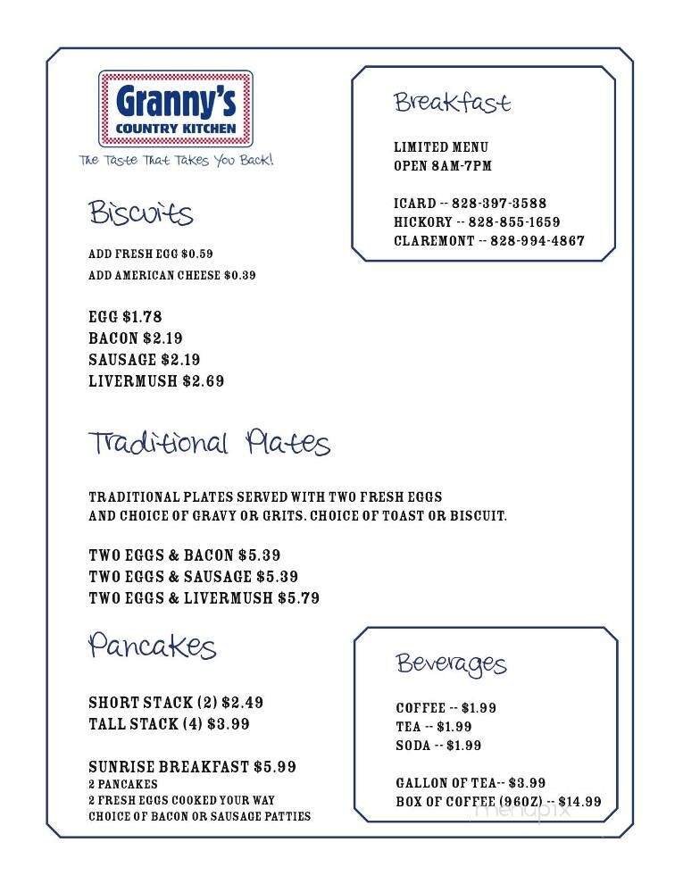Granny's Country Kitchen - Hickory, NC menu_pic