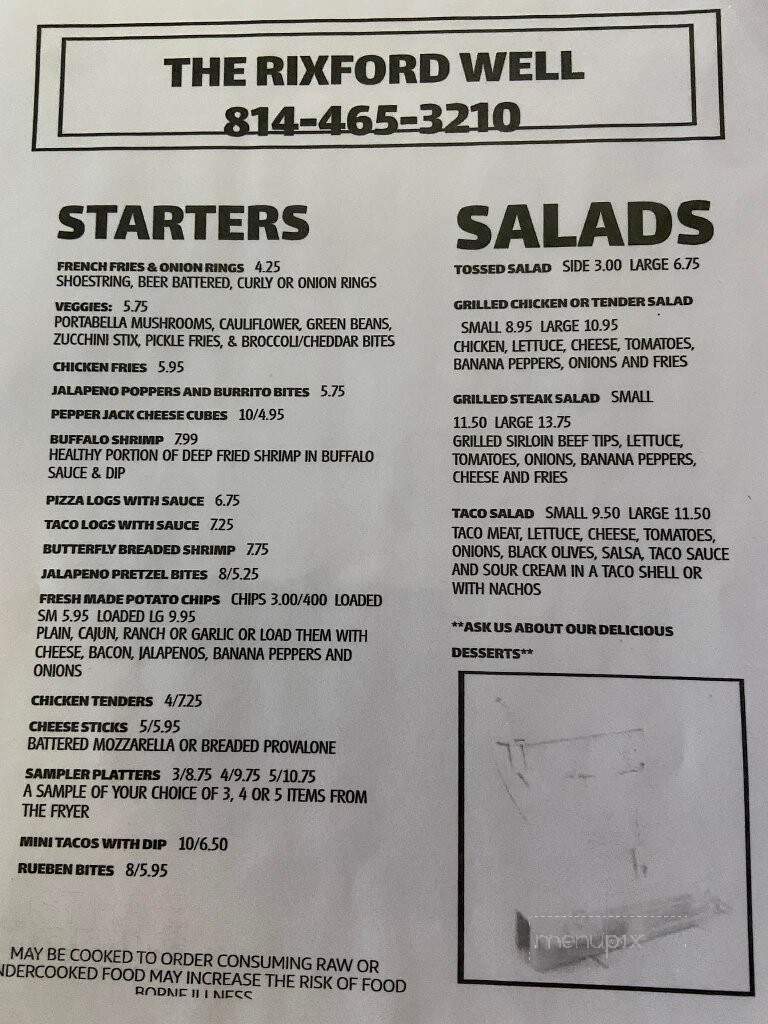 Rixford Well Bar & Grill - Rixford, PA menu_pic