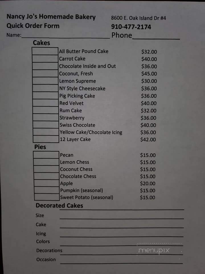 Nancy Jo's Homemade Bakery - Oak Island, NC menu_pic