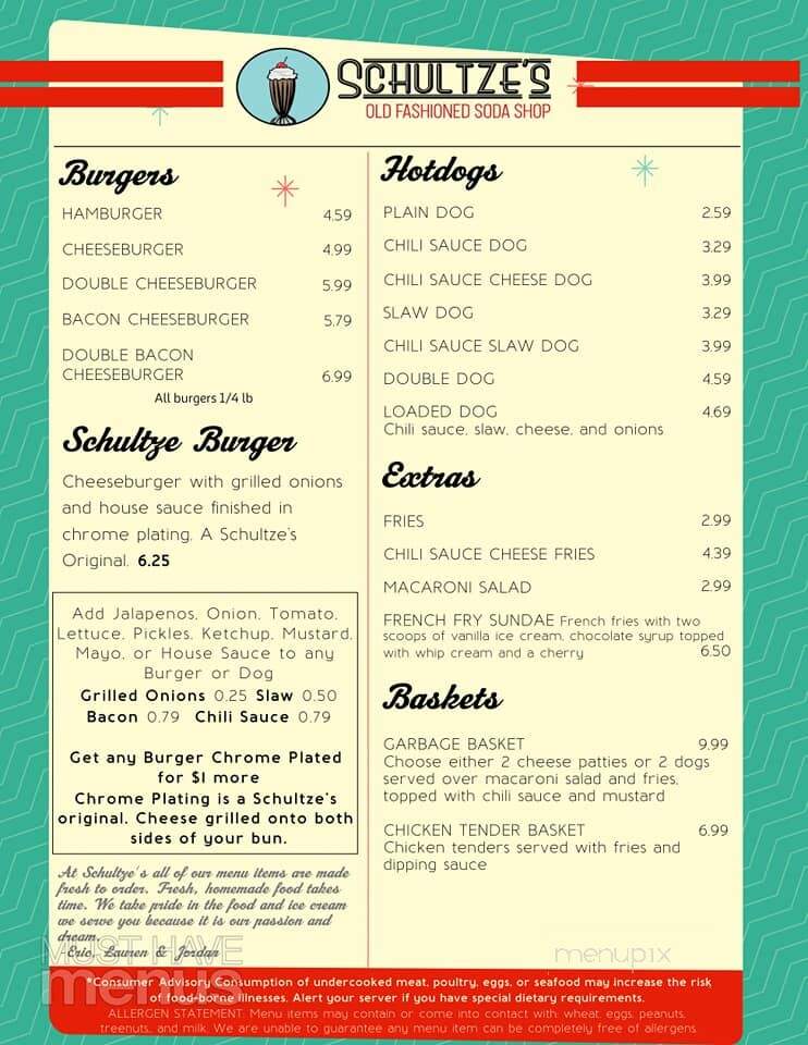 Schultze's Old Fashioned Soda Shop - Perry, GA menu_pic