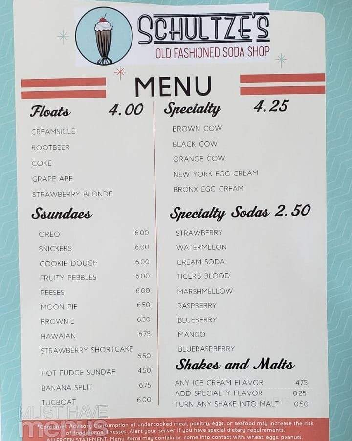 Schultze's Old Fashioned Soda Shop - Perry, GA menu_pic