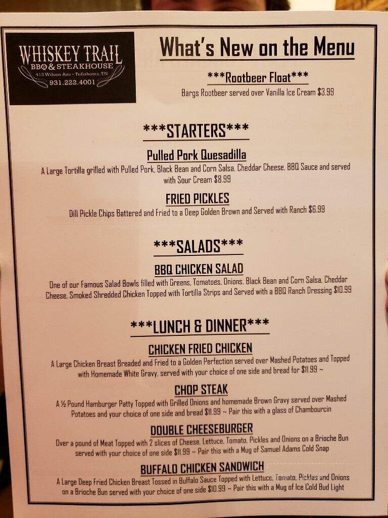 Whiskey Trail BBQ & Steakhouse - Tullahoma, TN menu_pic