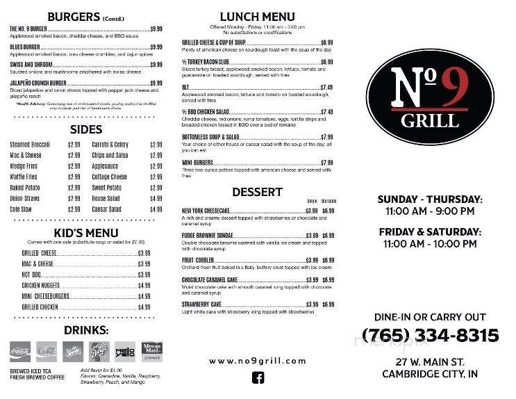 No 9 Grill - Cambridge City, IN menu_pic