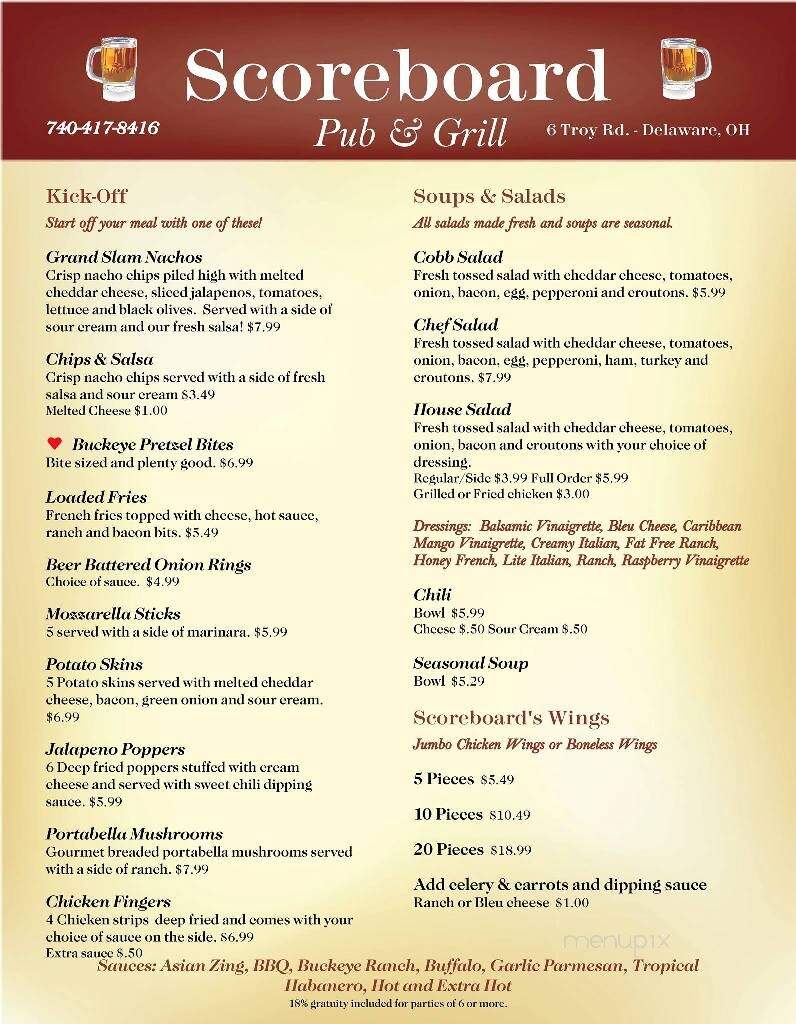 Scoreboard Pub & Grill - Delaware, OH menu_pic