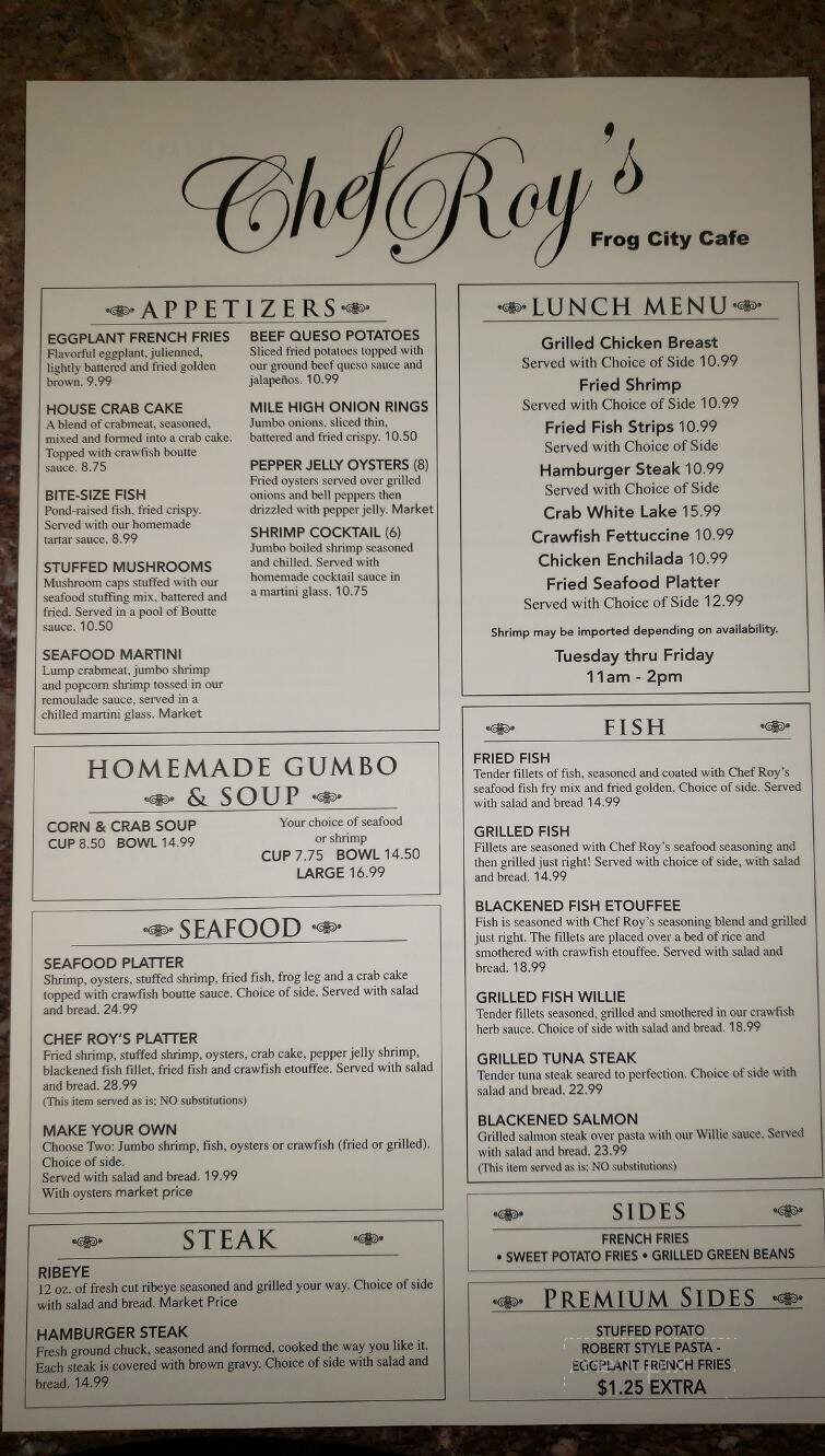 Chef Roy's Frog City Cafe - Rayne, LA menu_pic