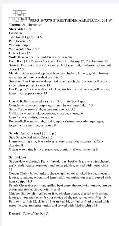 Streetside Market Global Cuisine - Hammond, LA menu_pic