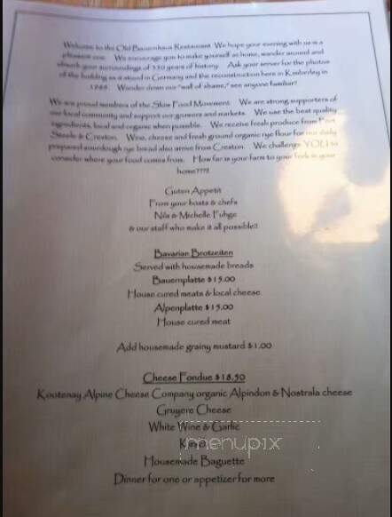 The Old Bauernhaus - Kimberley, BC menu_pic