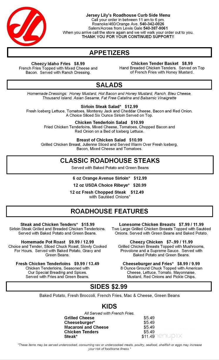 Jersey Lily's Roadhouse Grill - Roanoke, VA menu_pic