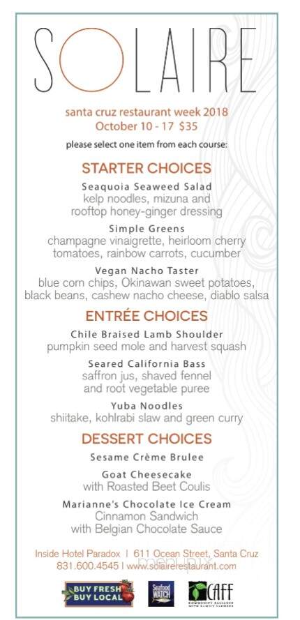 Solaire Restaurant + Bar at the Hotel Paradox - Santa Cruz, CA menu_pic