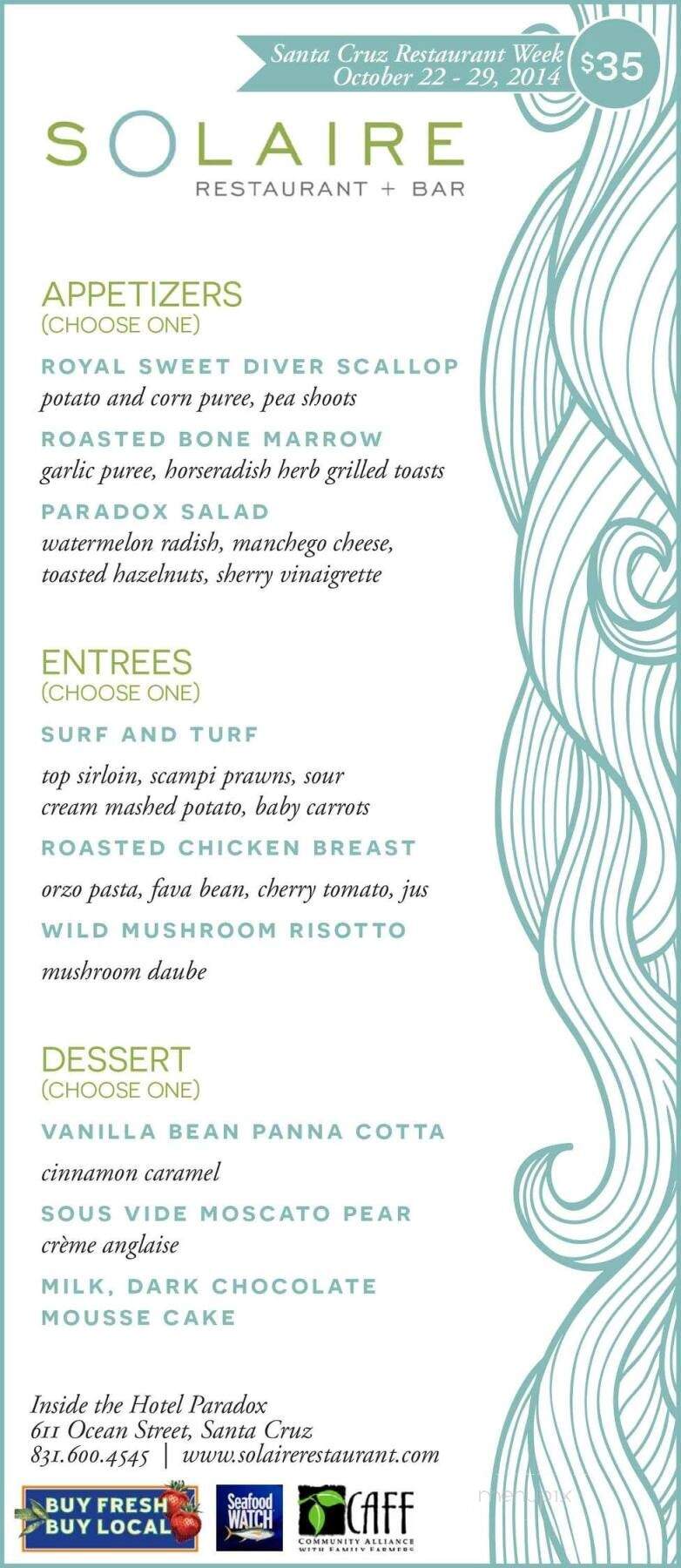 Solaire Restaurant + Bar at the Hotel Paradox - Santa Cruz, CA menu_pic