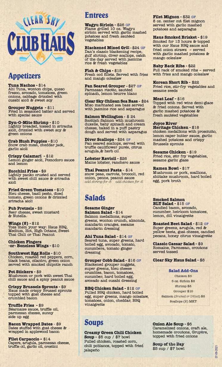 Clear Sky Club Haus - Palm Harbor, FL menu_pic