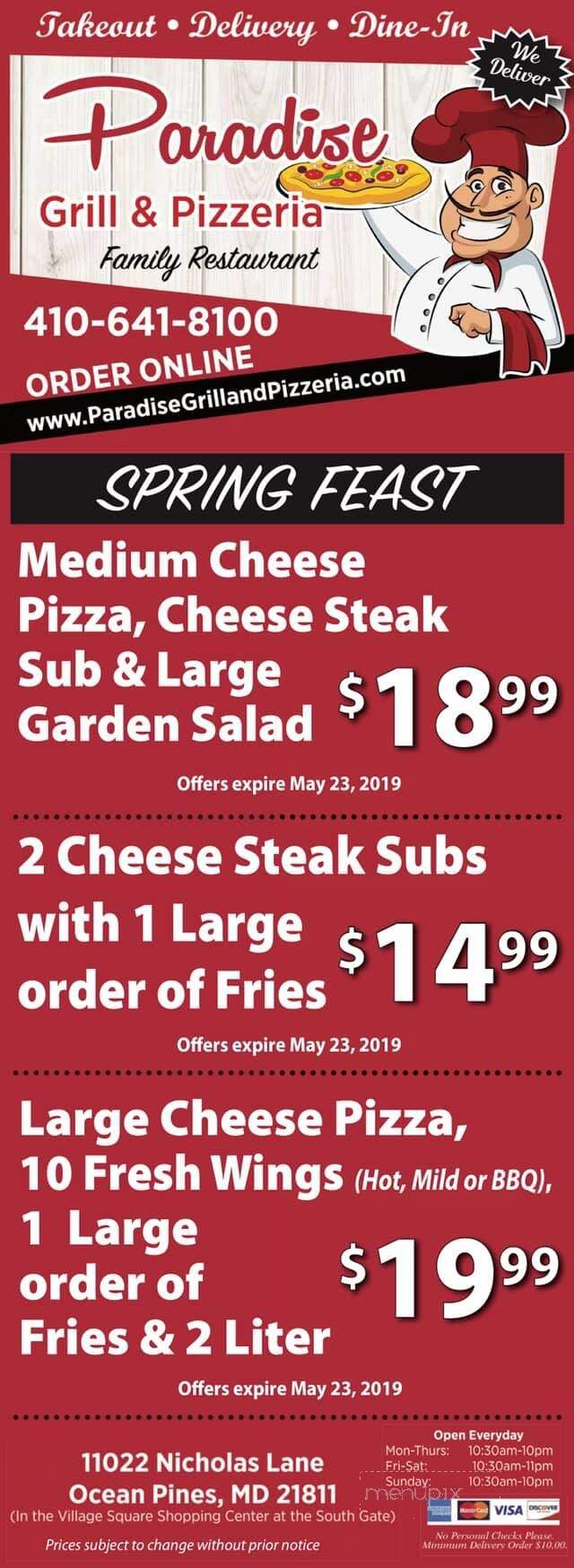 Paradise Grill & Pizzeria - Ocean Pines, MD menu_pic