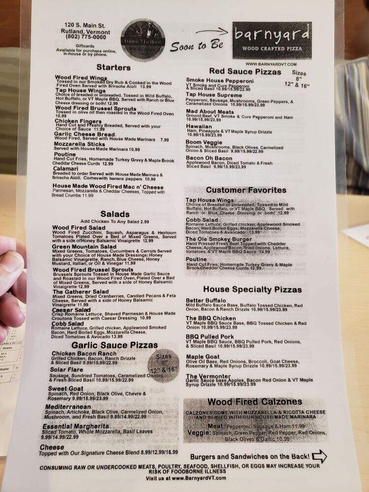 Vermont Tap House & Woodfire Pizza - Rutland, VT menu_pic