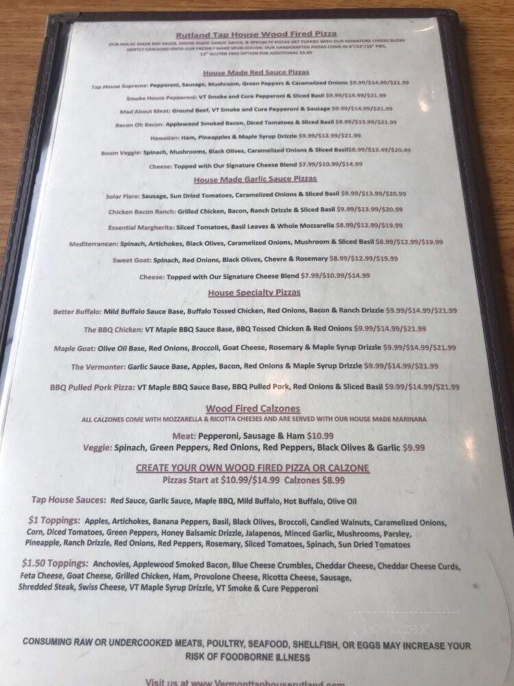 Vermont Tap House & Woodfire Pizza - Rutland, VT menu_pic