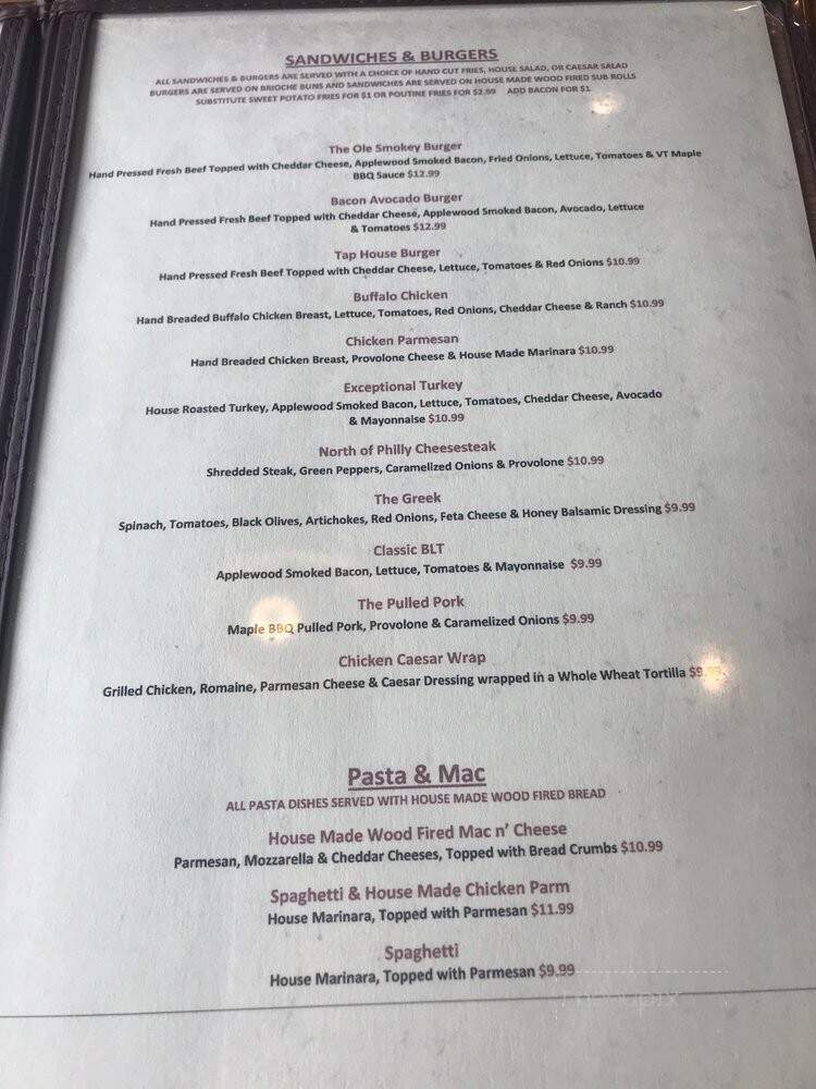 Vermont Tap House & Woodfire Pizza - Rutland, VT menu_pic