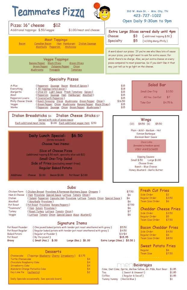 Teammates Pizza - Mountain City, TN menu_pic