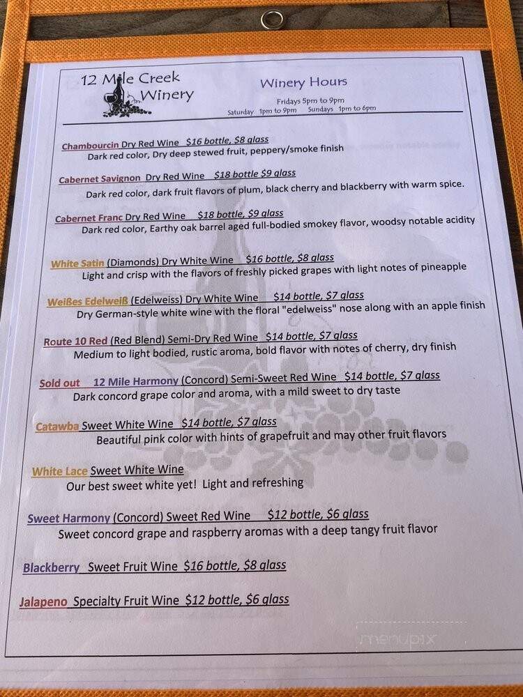 12 Mile Creek Winery - California, KY menu_pic