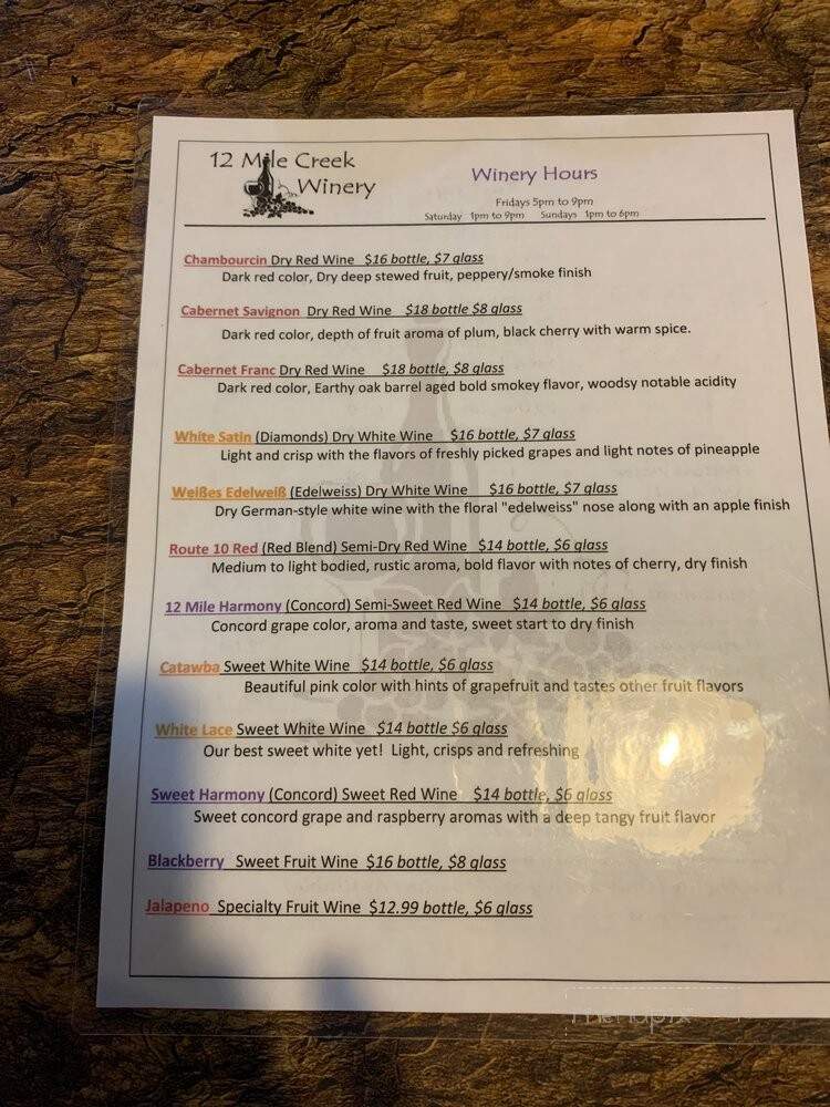 12 Mile Creek Winery - California, KY menu_pic