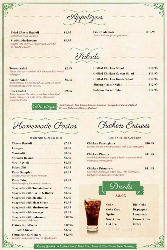 Pastafina Italian Restaurant - Cave Springs, AR menu_pic