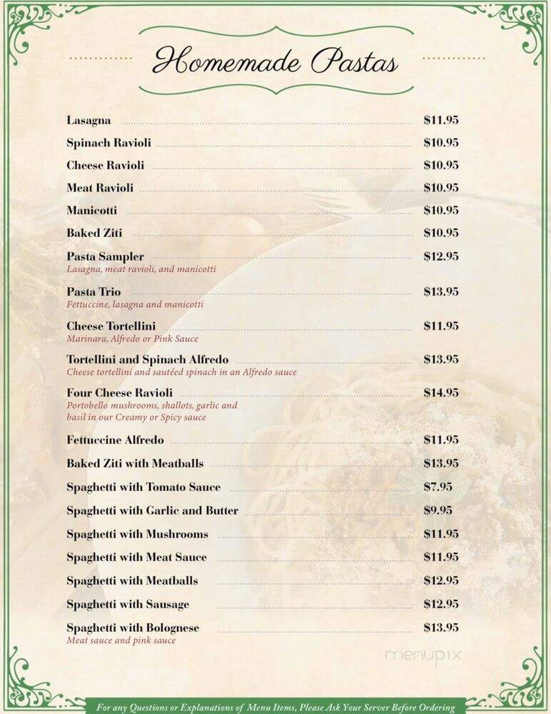 Pastafina Italian Restaurant - Cave Springs, AR menu_pic