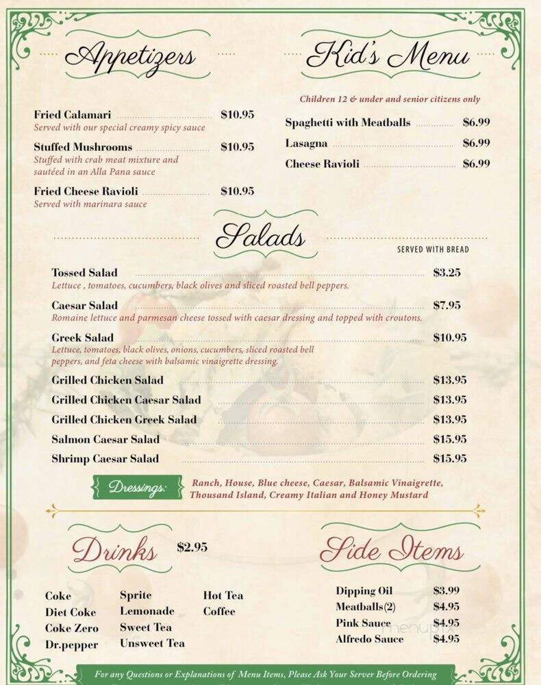 Pastafina Italian Restaurant - Cave Springs, AR menu_pic