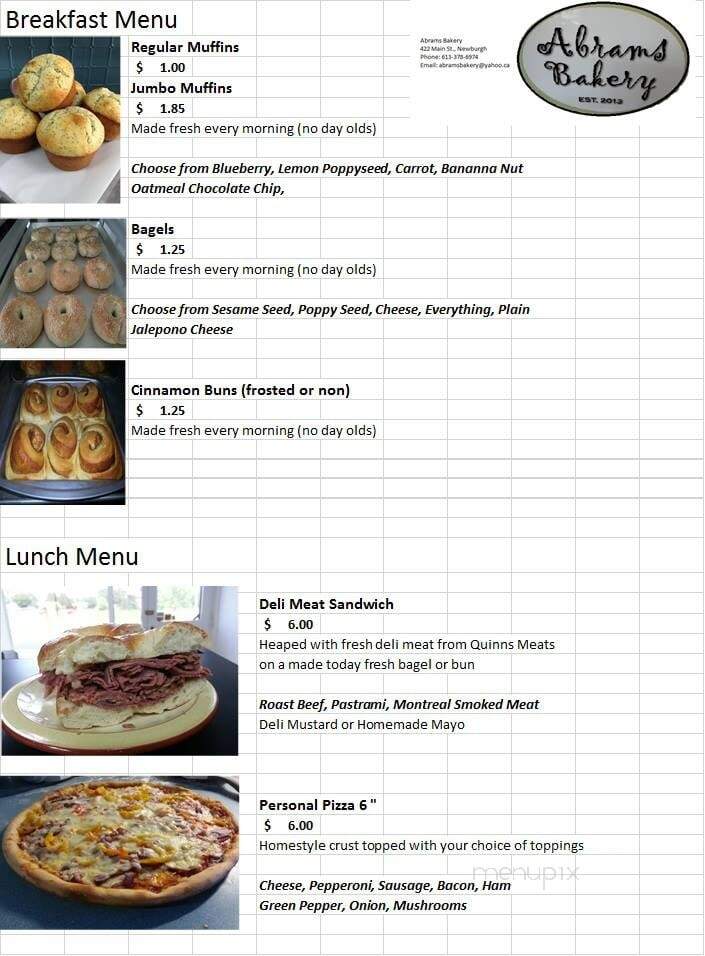 Abrams Bakery - Newburgh, ON menu_pic