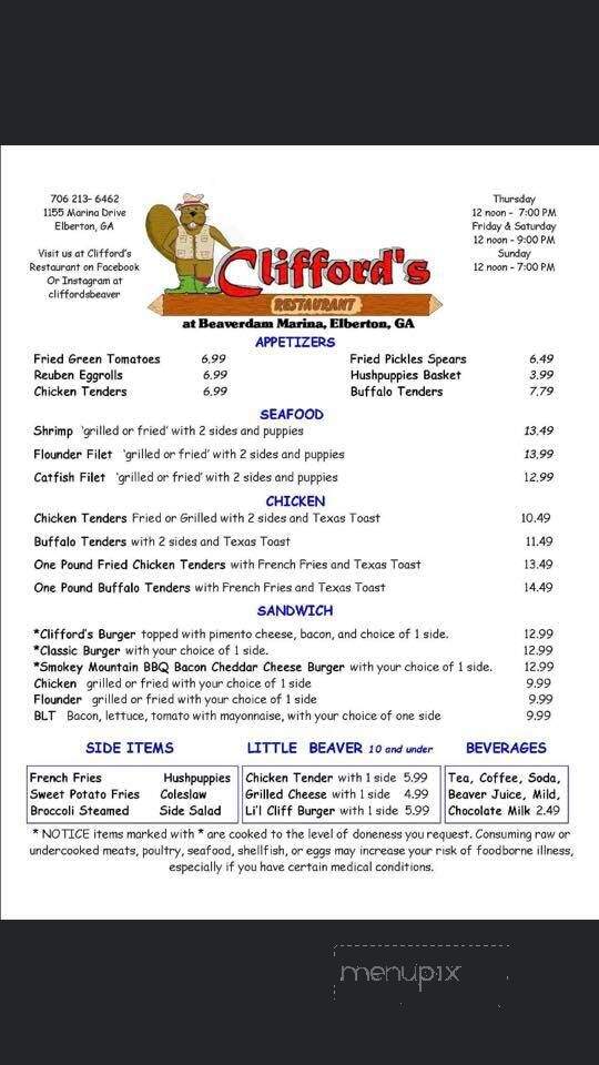 Clifford's Restaurant - Elberton, GA menu_pic