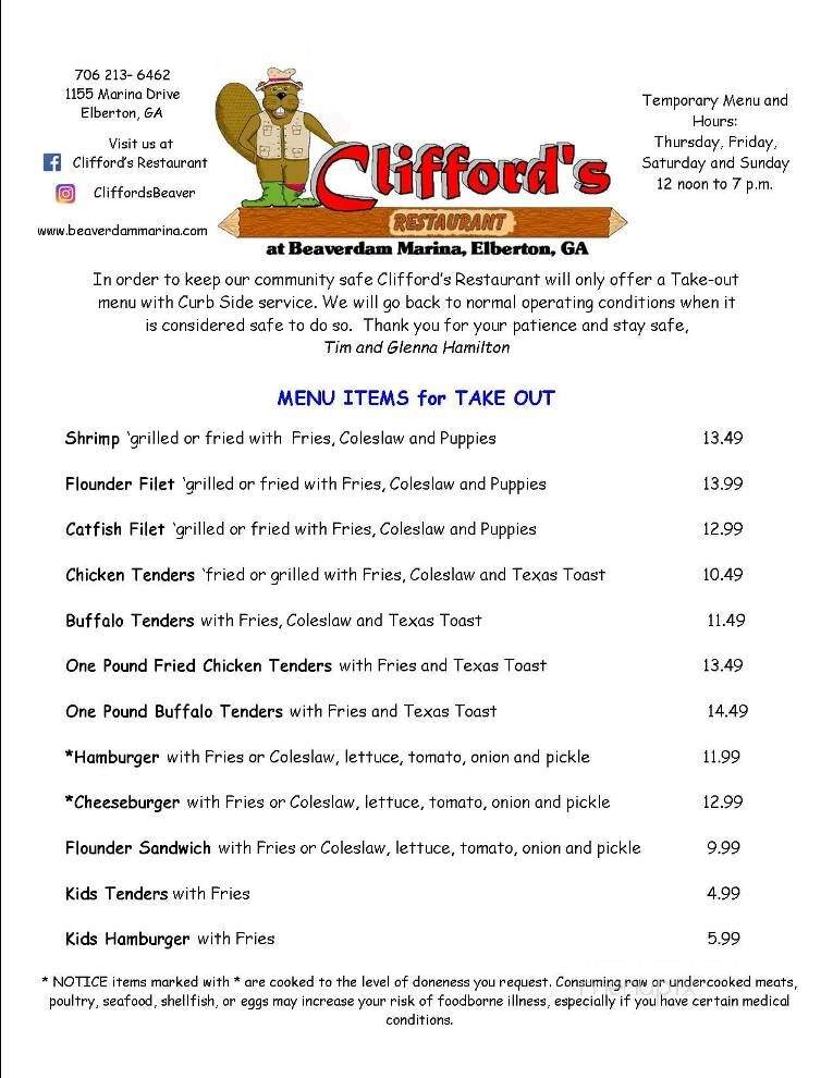Clifford's Restaurant - Elberton, GA menu_pic