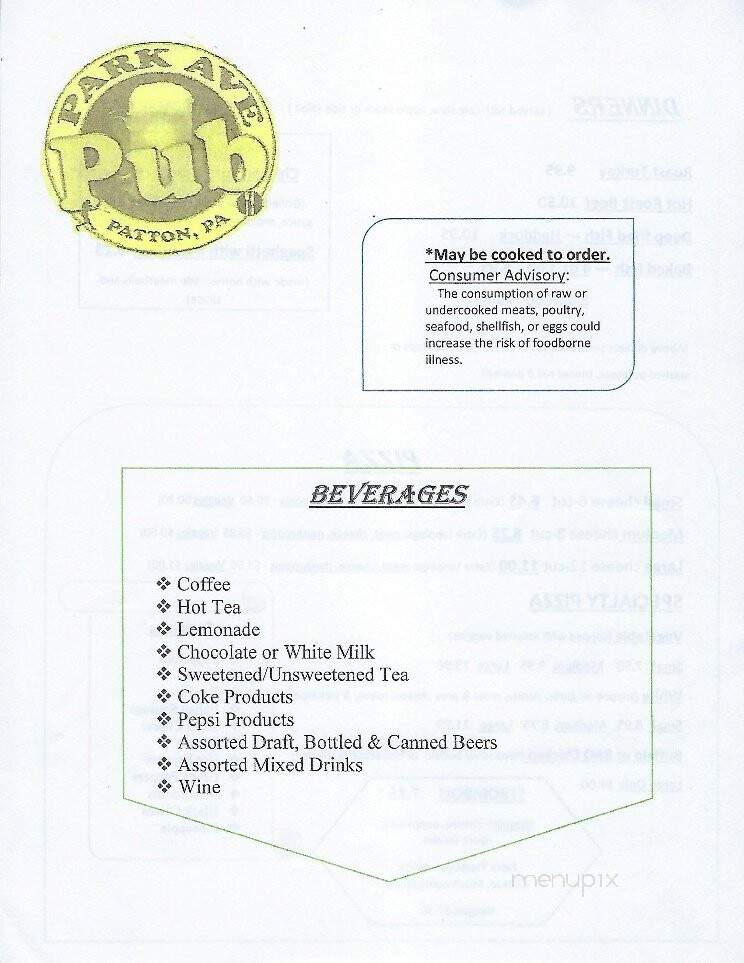 Park Avenue Pub - Patton, PA menu_pic