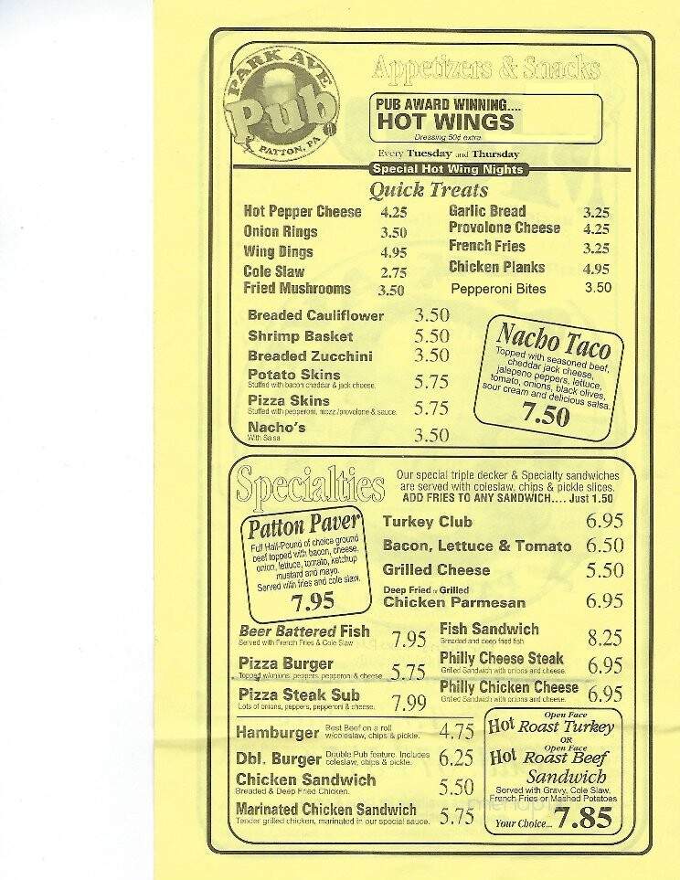 Park Avenue Pub - Patton, PA menu_pic