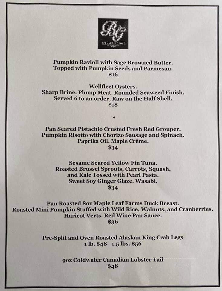 Bernard's Grove - Rochester, NY menu_pic