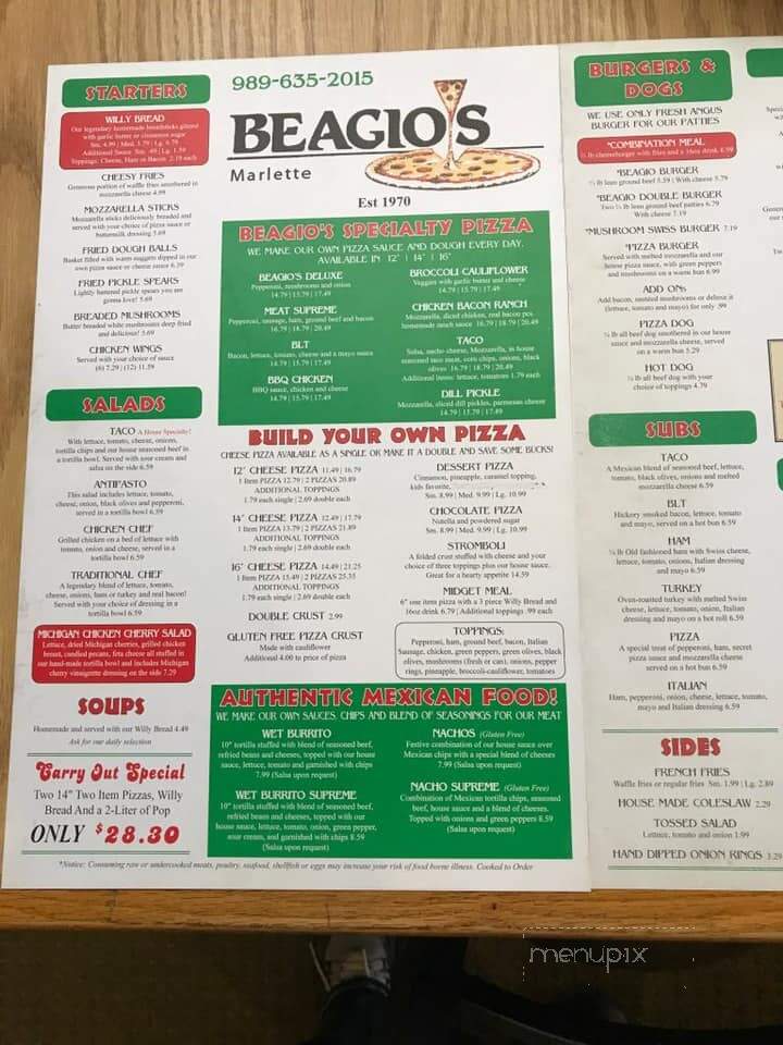 Beagio's Restaurant - Marlette, MI menu_pic