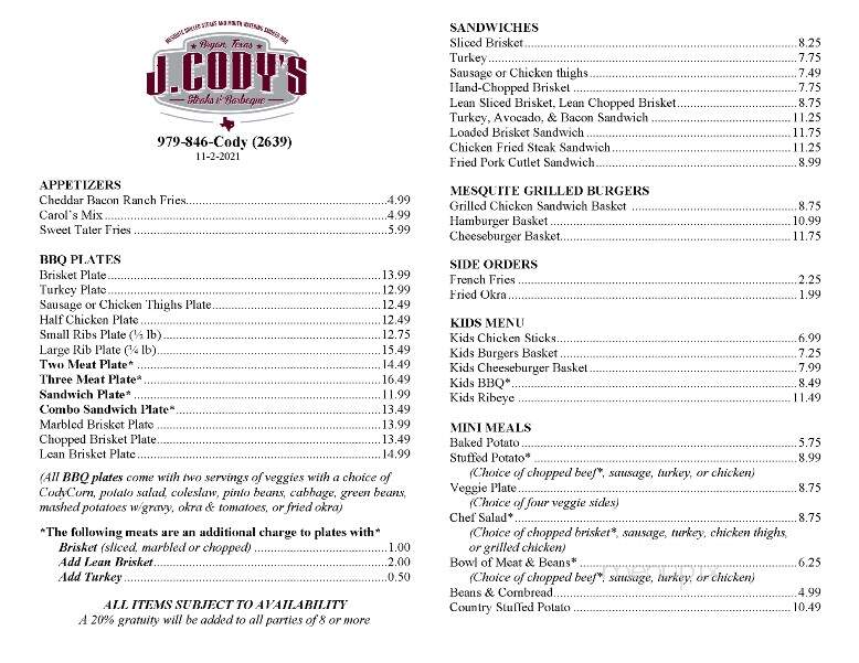 J Cody's - Bryan, TX menu_pic