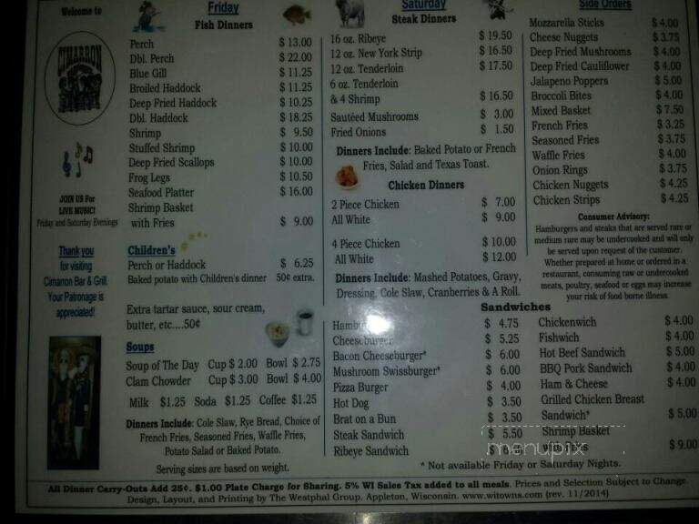 Cimarron - Menasha, WI menu_pic