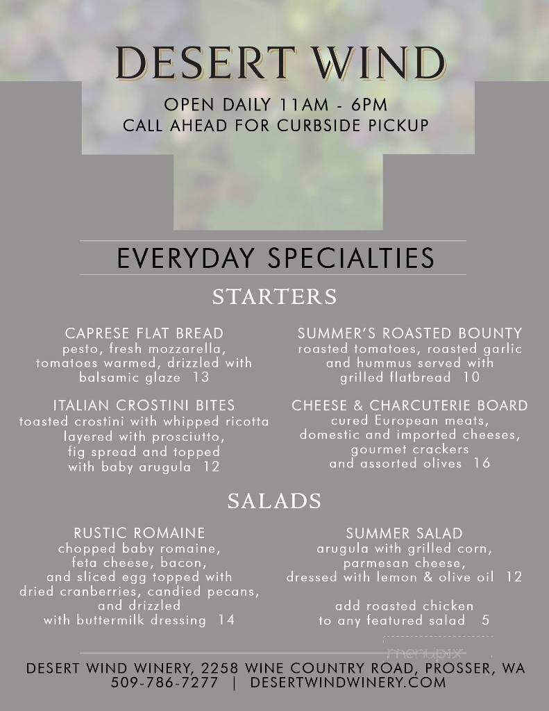Desert Wind Winery - Prosser, WA menu_pic